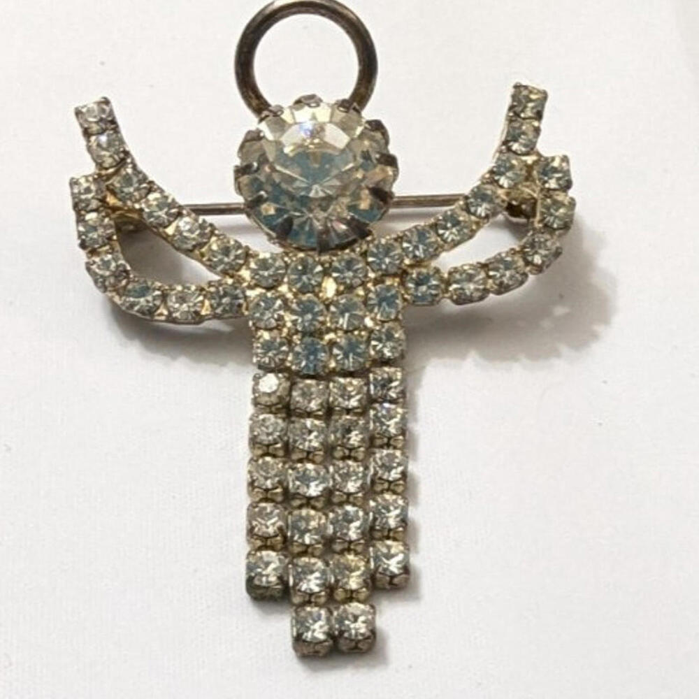 Vintage 2 Inch Ice Angel Brooch Pin Clear Rhinestones Halo Silver Tone Large